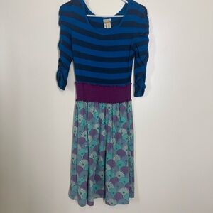 Matilda Jane Blue and Purple Striped Womens Dress Small EUC 3/4 sleeve Multi
